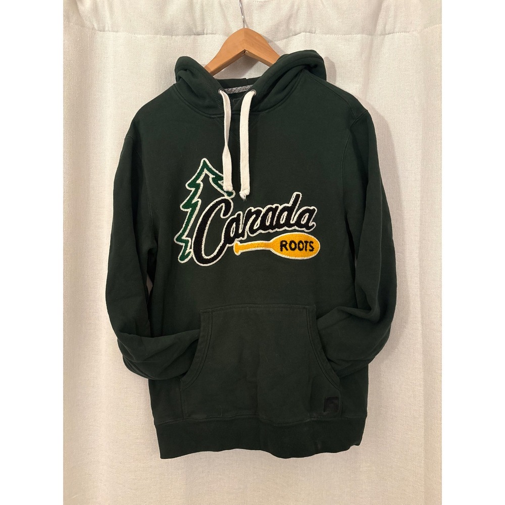 Roots Canada Mens Green Chenille Patch Logo Pullover Hoodie Sweatshirt Small